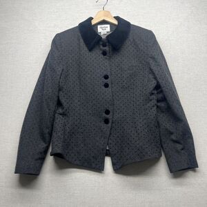 Vintage Wool Polka Dot Blazer Gray Black Velvet Sz M (10) Tailored Feminine Chic